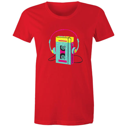 Wired For Sound, Music Player - Womens T-shirt Red Womens T-shirt Music Retro Womens