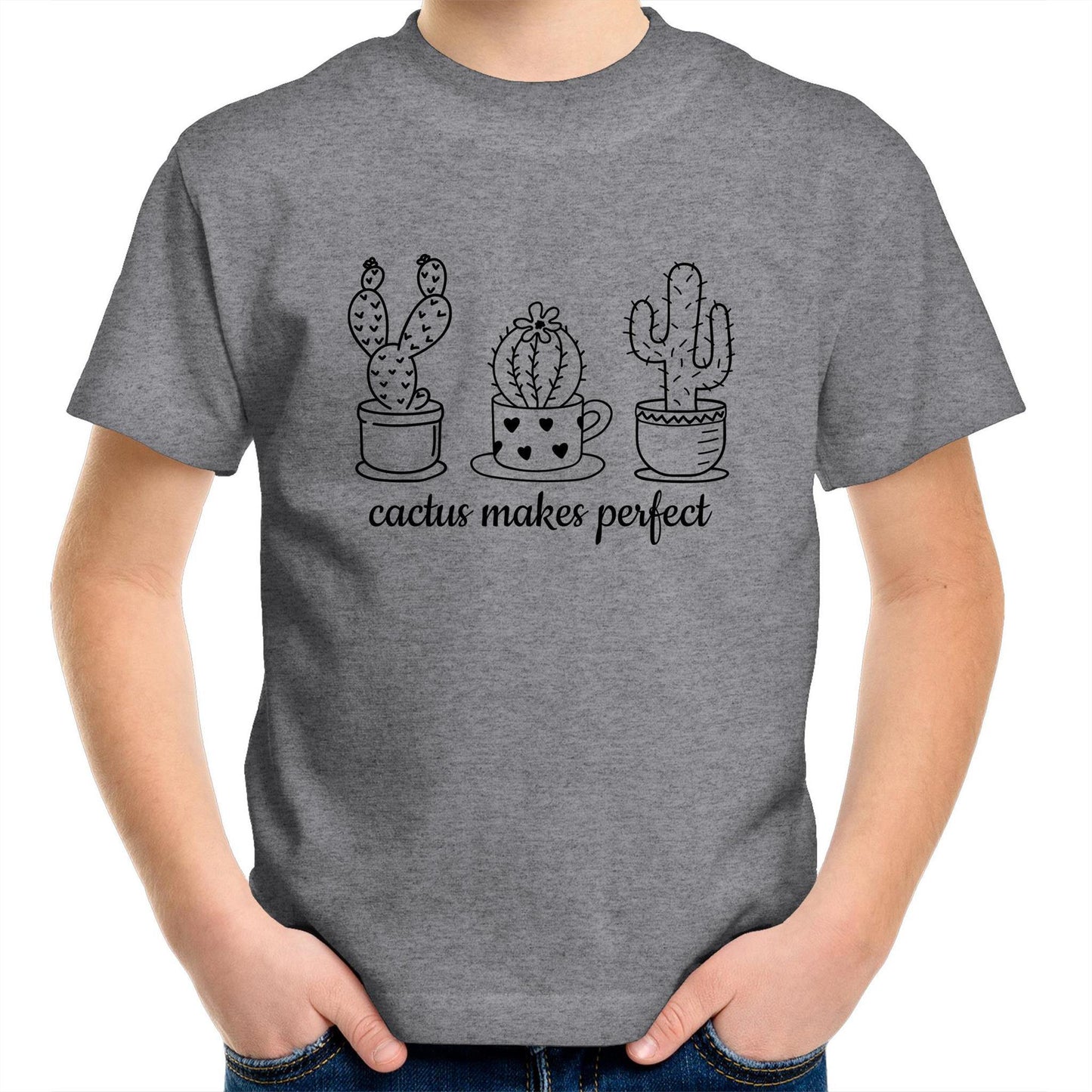 Cactus Makes Perfect - Kids Youth Crew T-Shirt Grey Marle Kids Youth T-shirt Plants