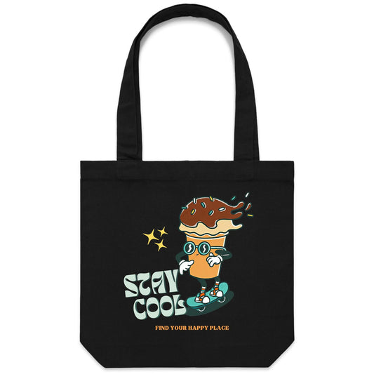 Stay Cool, Find Your Happy Place - Canvas Tote Bag Black One Size Tote Bag Retro Summer