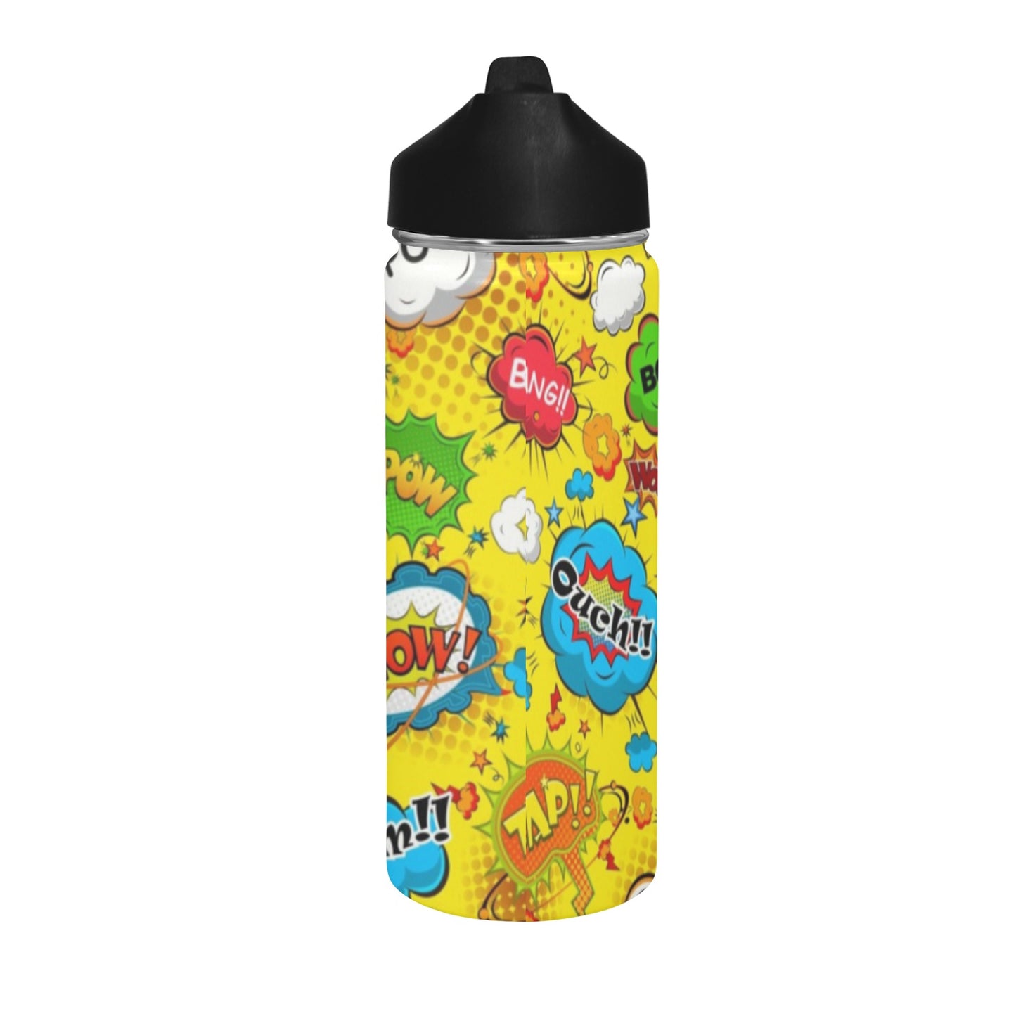 Comic Book Yellow Insulated Water Bottle with Straw Lid (18 oz) Insulated Water Bottle with Straw Lid