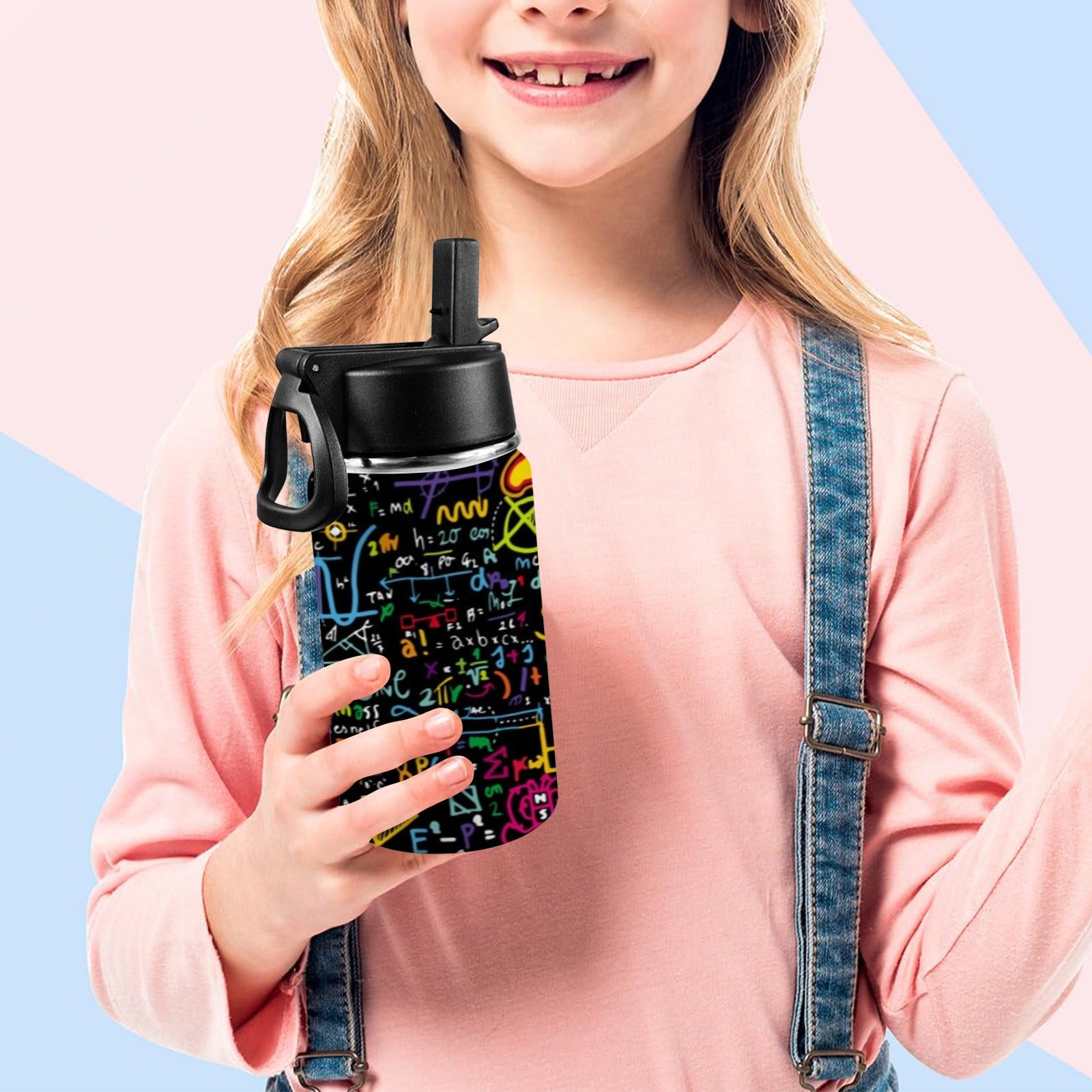 Math Scribbles - Kids Water Bottle with Straw Lid (12 oz) Kids Water Bottle with Straw Lid