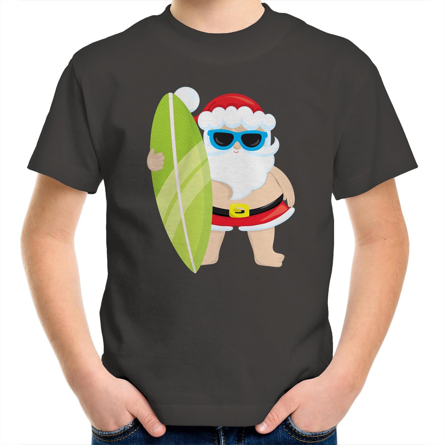 Surf Santa - Kids Youth Crew T-Shirt Charcoal Christmas Kids T-shirt Merry Christmas