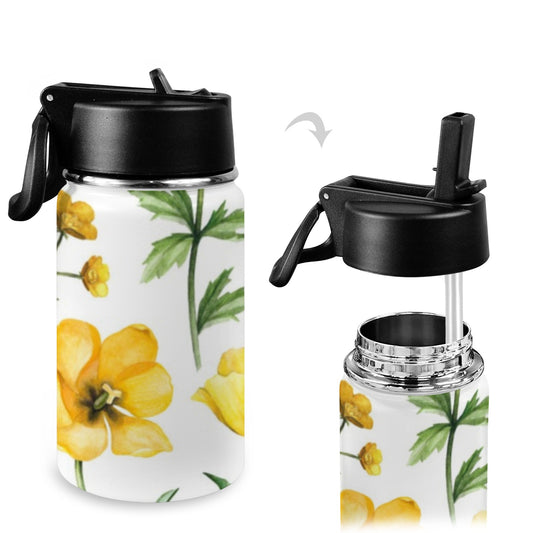 Yellow Flowers - Kids Water Bottle with Straw Lid (12 oz) Kids Water Bottle with Straw Lid