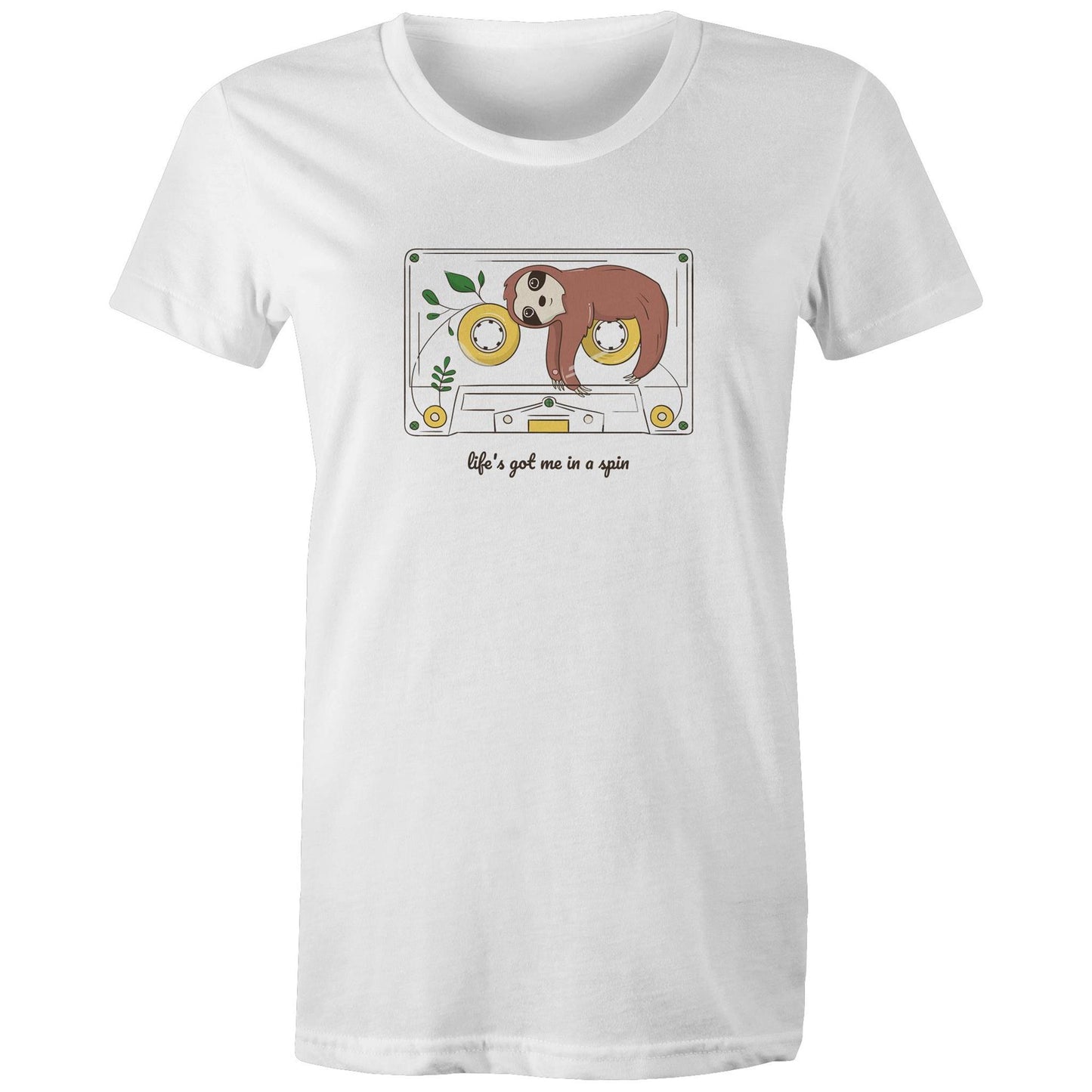 Cassette, Life's Got Me In A Spin - Womens T-shirt White Womens T-shirt animal Music Retro