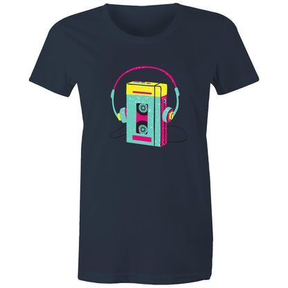 Wired For Sound, Music Player - Womens T-shirt Navy Womens T-shirt Music Retro Womens