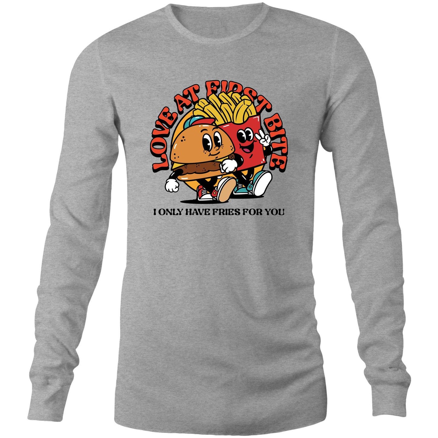 Love At First Bite, Burger And Fries - Long Sleeve T-Shirt Grey Marle Unisex Long Sleeve T-shirt Food