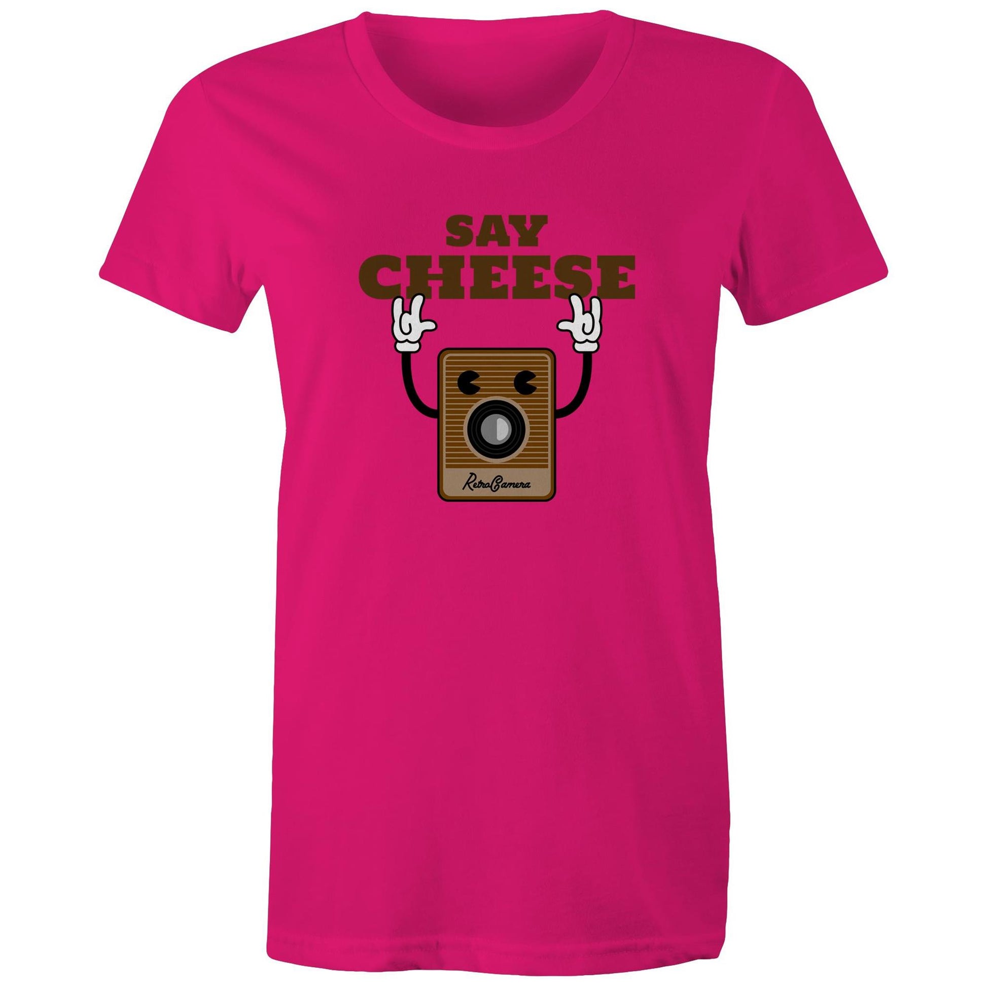 Say Cheese, Retro Camera - Womens T-shirt Fuchsia Womens T-shirt Retro Tech