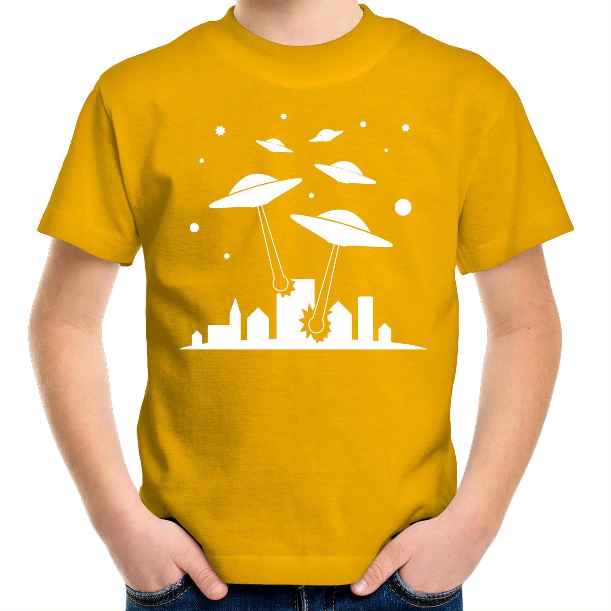 Space Invasion - Kids Youth Crew T-Shirt Gold Kids Youth T-shirt