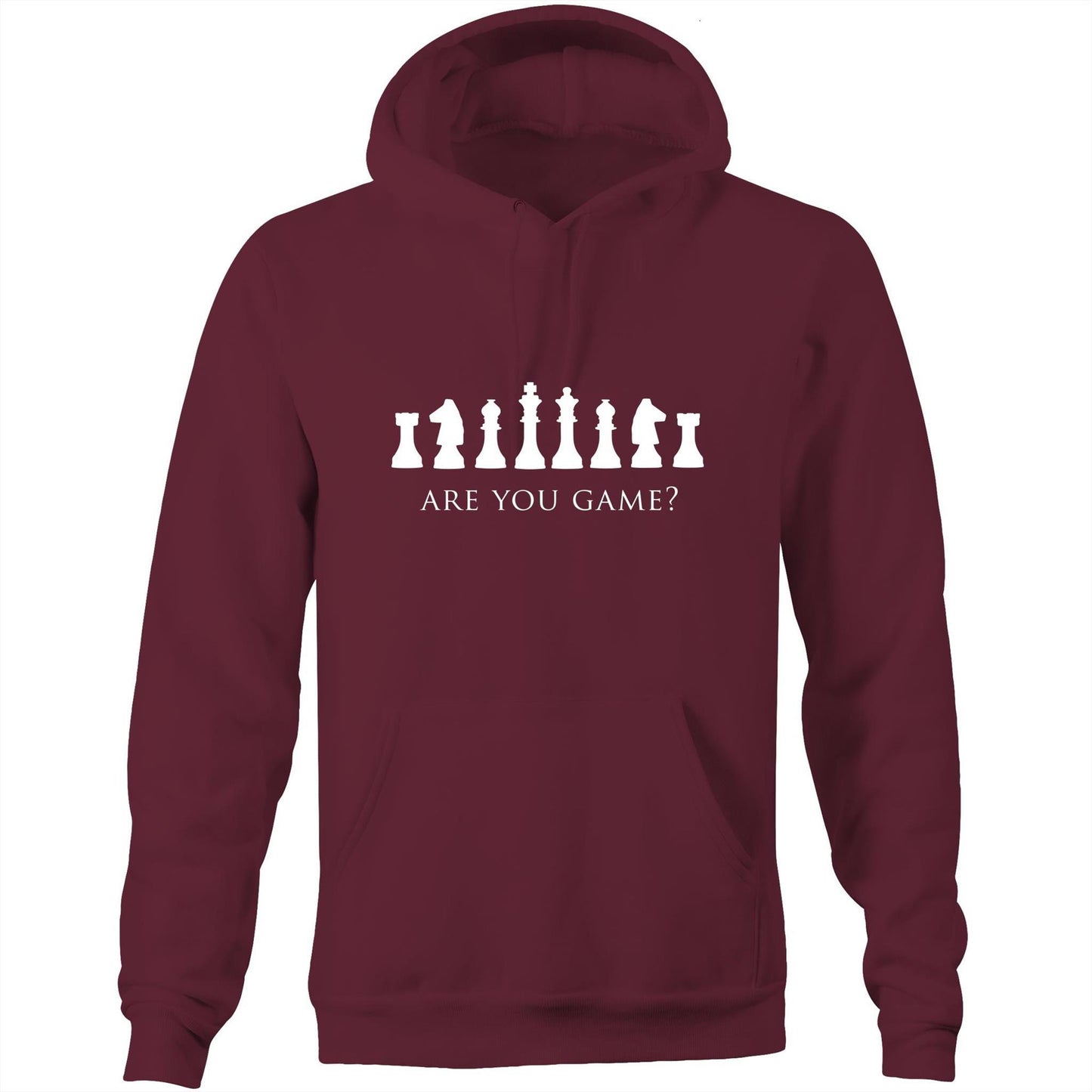 Are You Game - Pocket Hoodie Sweatshirt Burgundy Heavyweight Hoodie Chess Funny Games Mens Womens