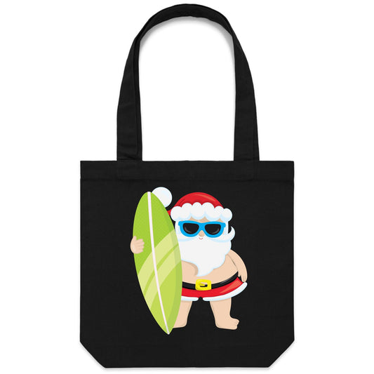 Surf Santa - Canvas Tote Bag Black One Size Christmas Tote Bag Merry Christmas