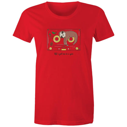 Cassette, Life's Got Me In A Spin - Womens T-shirt Red Womens T-shirt animal Music Retro