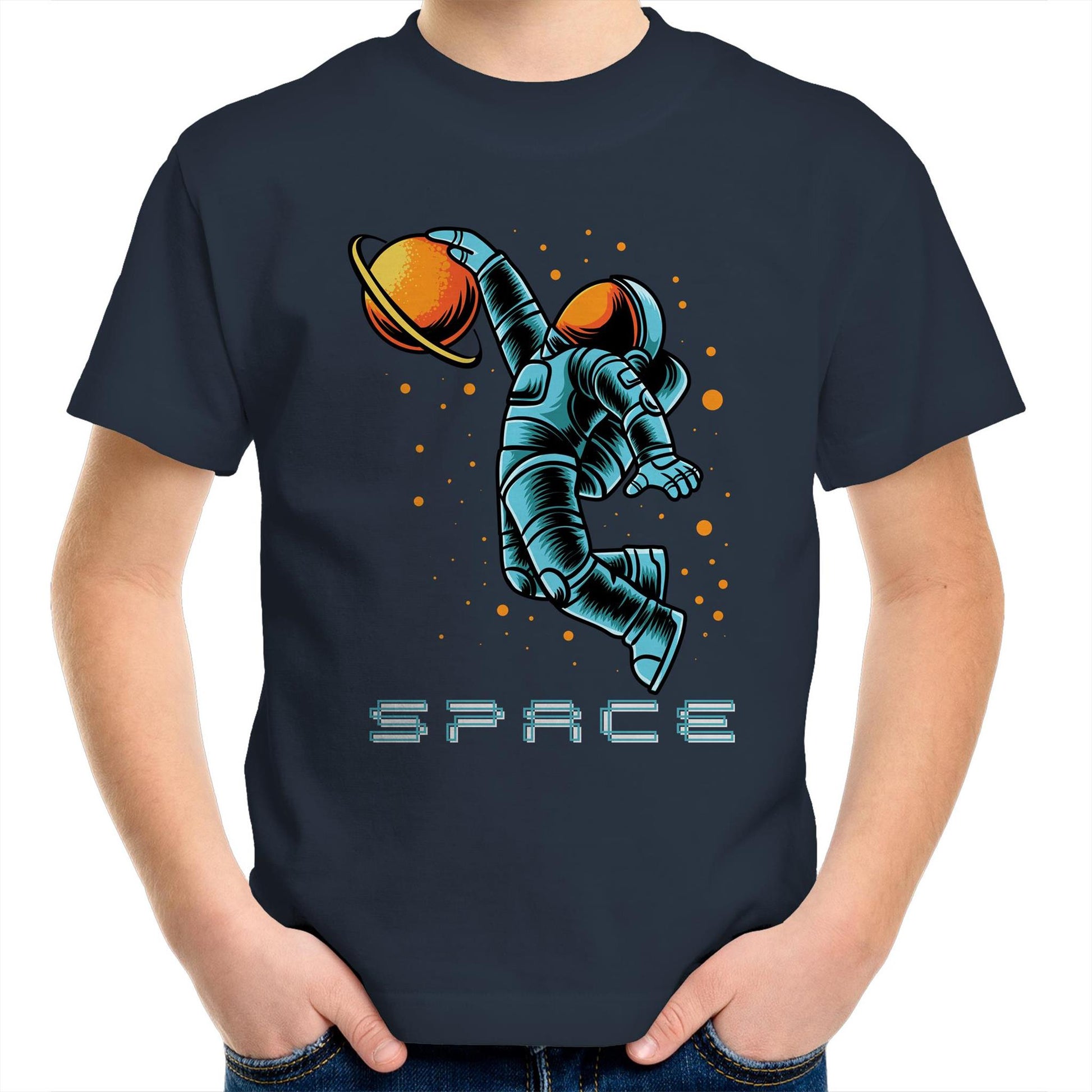 Astronaut Basketball - Kids Youth Crew T-Shirt Navy Kids Youth T-shirt Space
