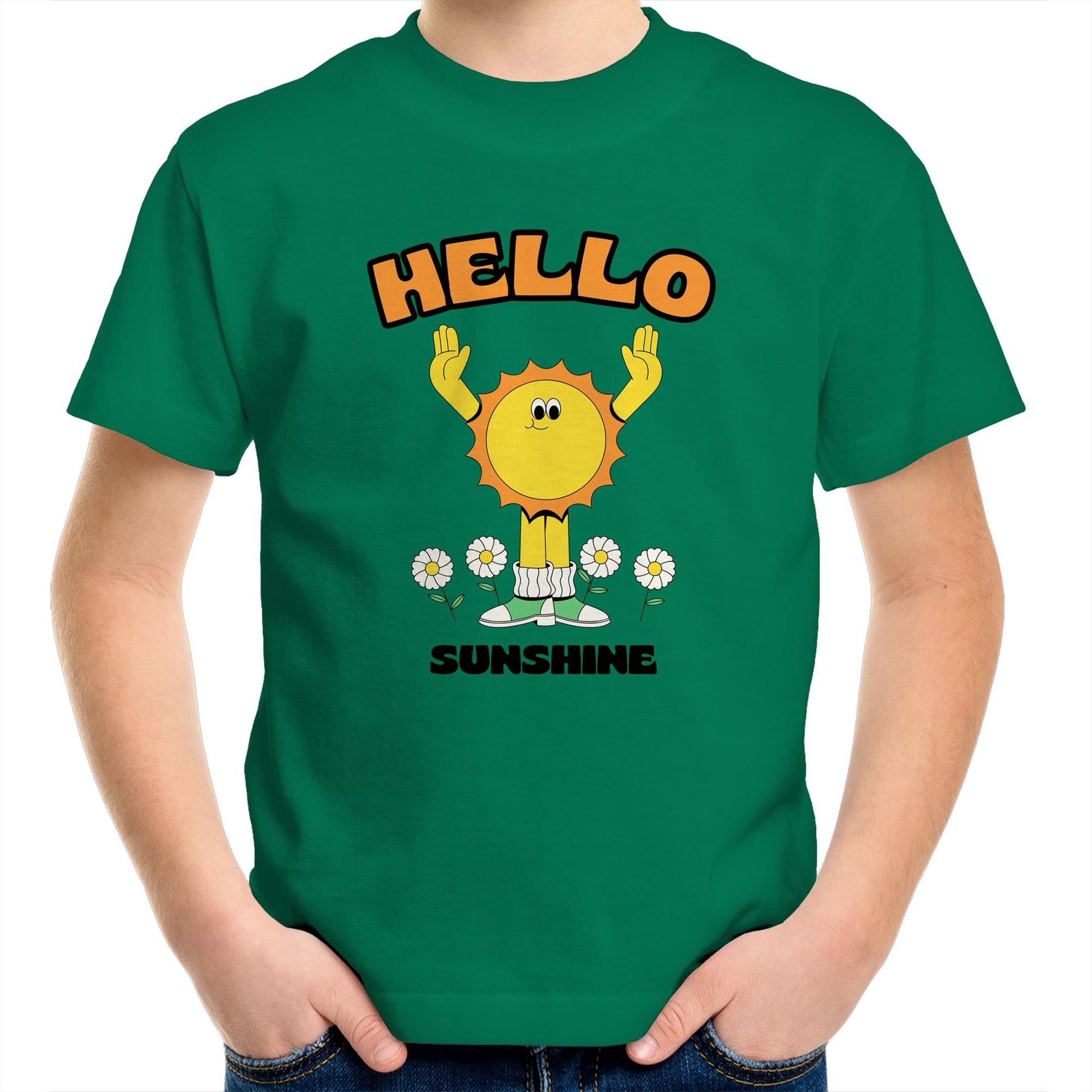 Hello Sunshine - Kids Youth Crew T-Shirt Kelly Green Kids Youth T-shirt Retro Summer