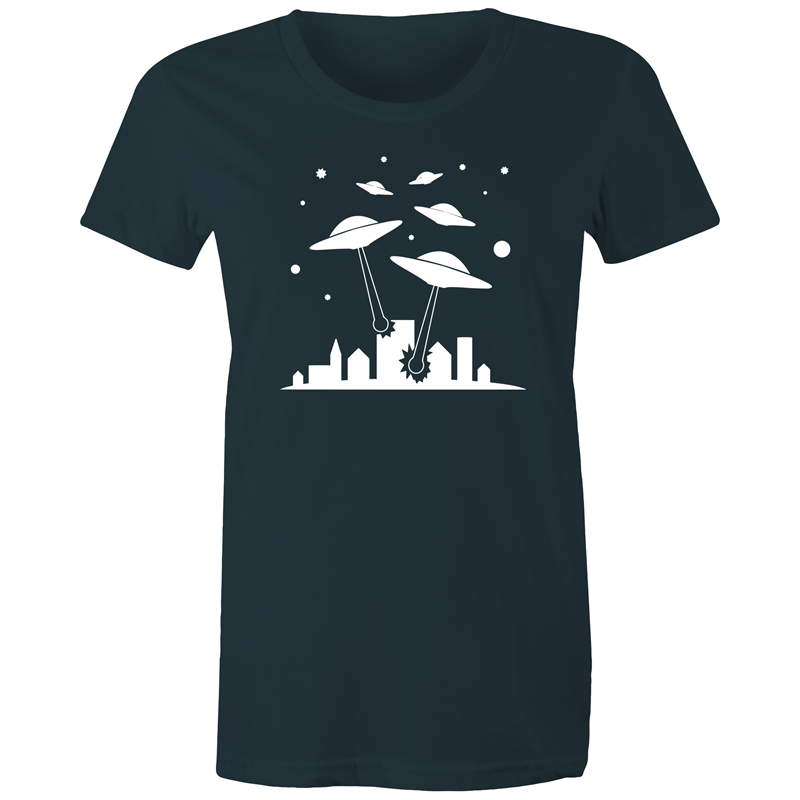 Space Invasion - Women's T-shirt Indigo Womens T-shirt comic Retro Sci Fi Space Womens