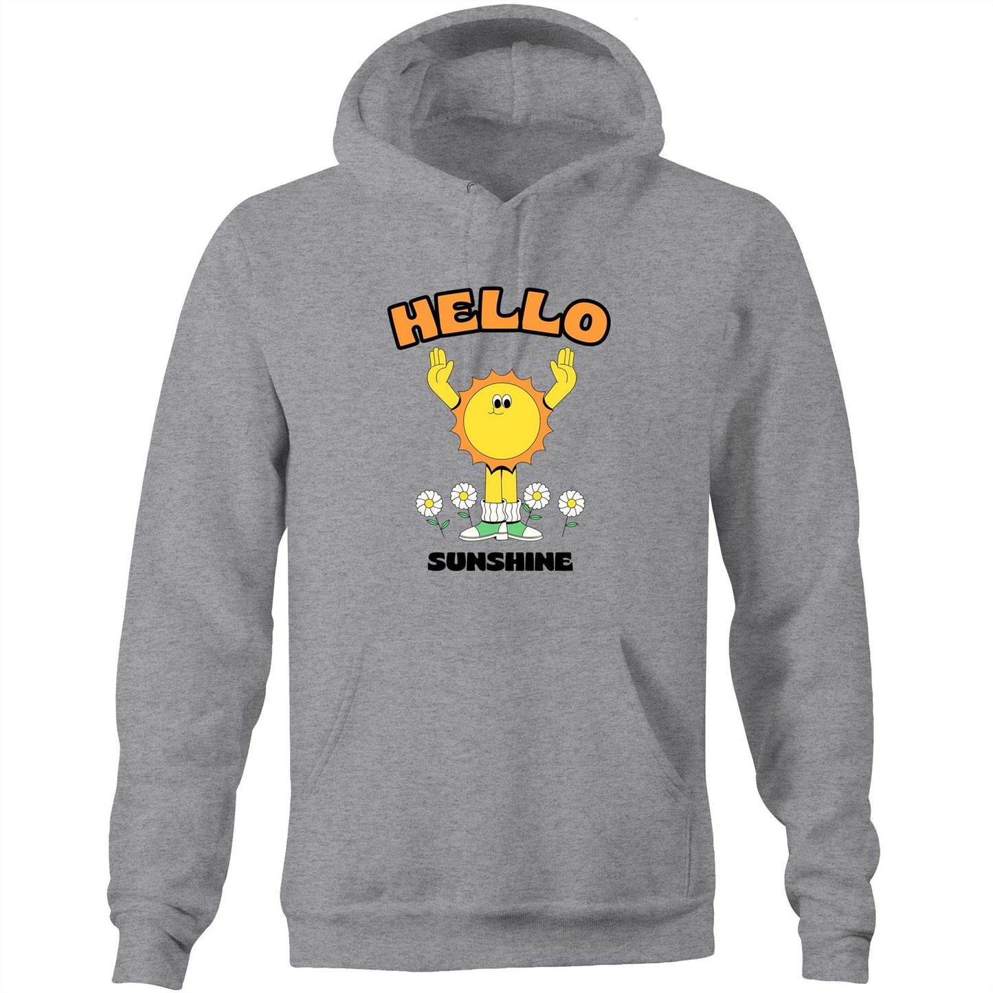 Hello Sunshine - Pocket Hoodie Sweatshirt Grey Marle Hoodie Retro Summer