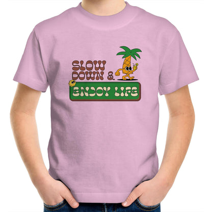 Slow Down & Enjoy Life - Kids Youth Crew T-Shirt Pink Kids Youth T-shirt Motivation Summer