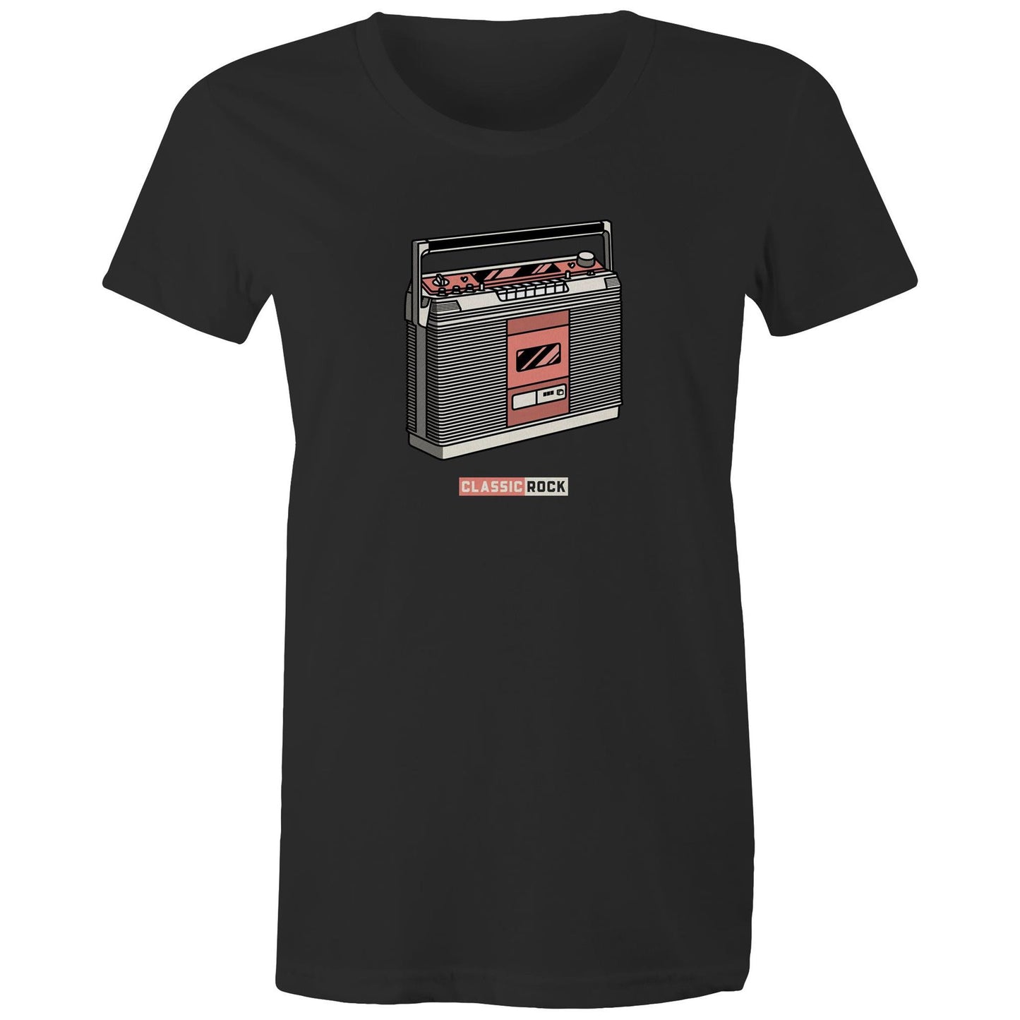 Classic Rock, Cassette Player - Womens T-shirt Black Womens T-shirt Music Retro