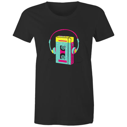 Wired For Sound, Music Player - Womens T-shirt Black Womens T-shirt Music Retro Womens