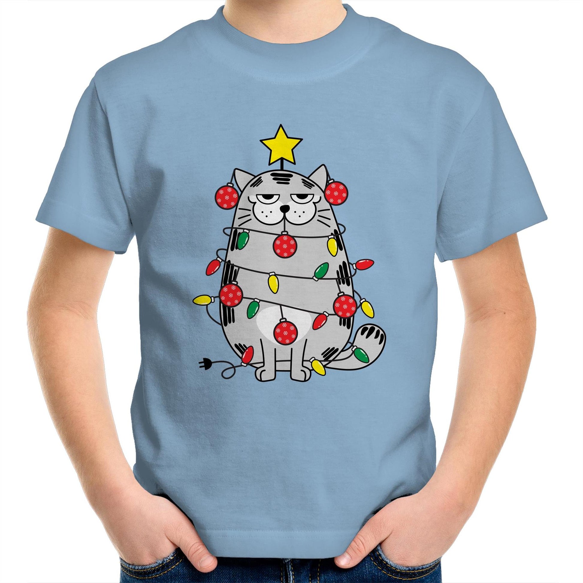 Christmas Cat - Kids Youth Crew T-Shirt Carolina Blue Christmas Kids T-shirt Merry Christmas