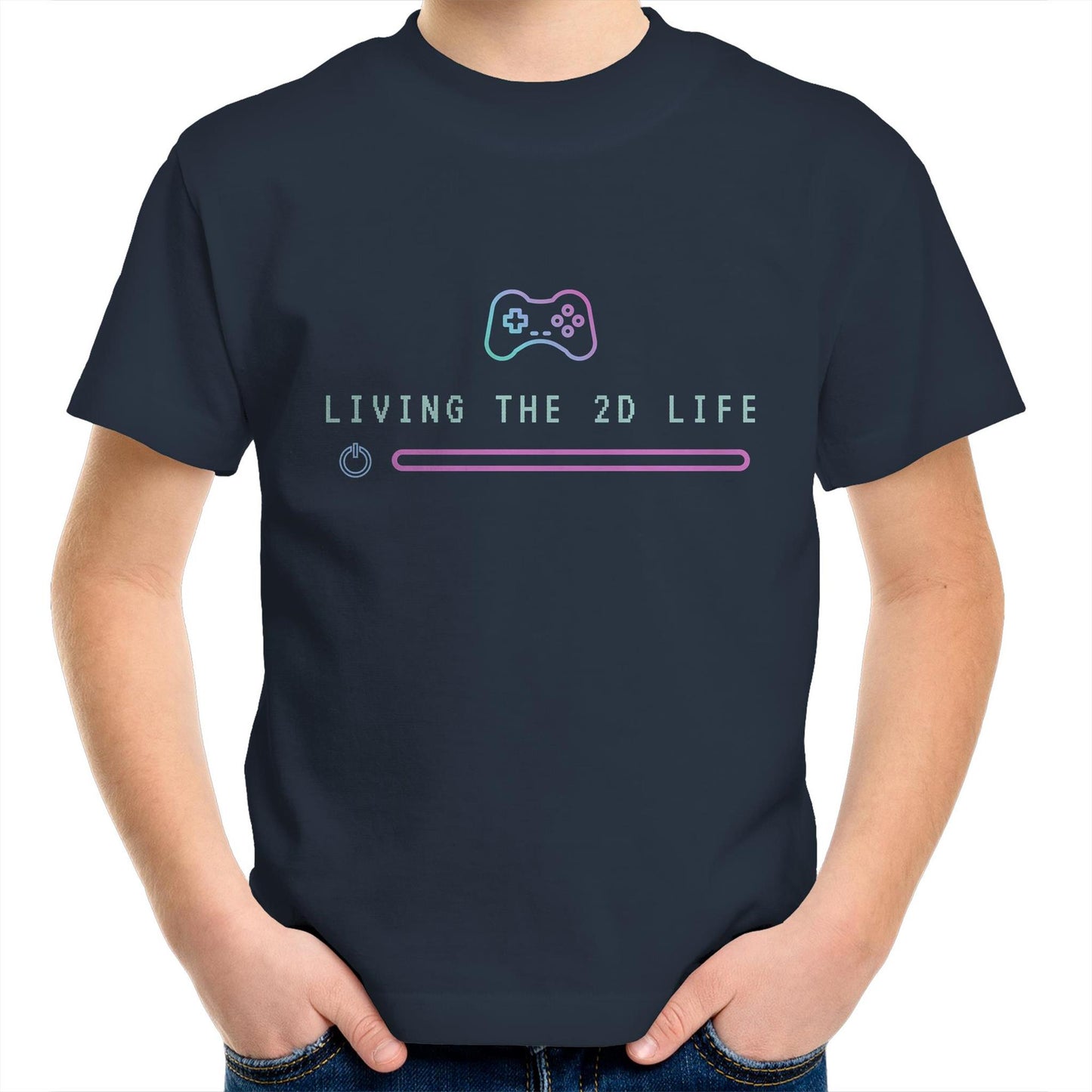 Living The 2D Life - Kids Youth Crew T-Shirt Navy Kids Youth T-shirt Games Tech