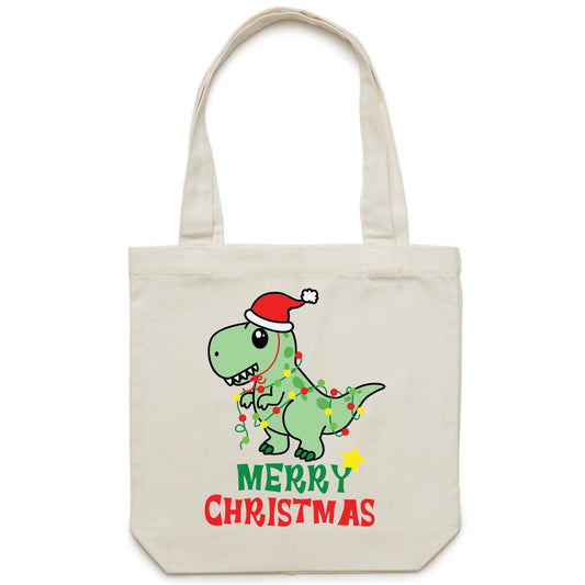 Christmas Dinosaur - Canvas Tote Bag Cream One Size Christmas Tote Bag Merry Christmas