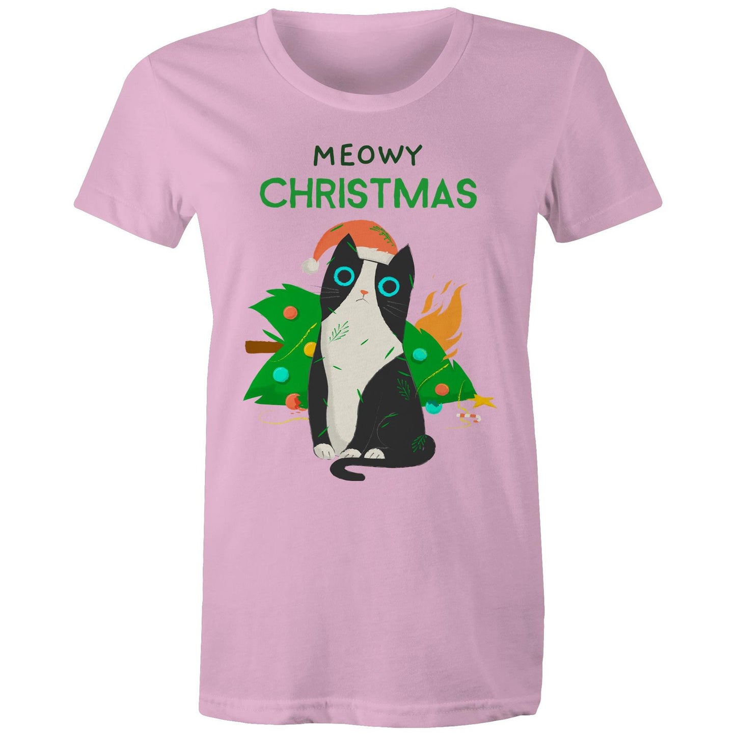 Meowy Christmas - Womens T-shirt Pink Christmas Womens T-shirt Merry Christmas