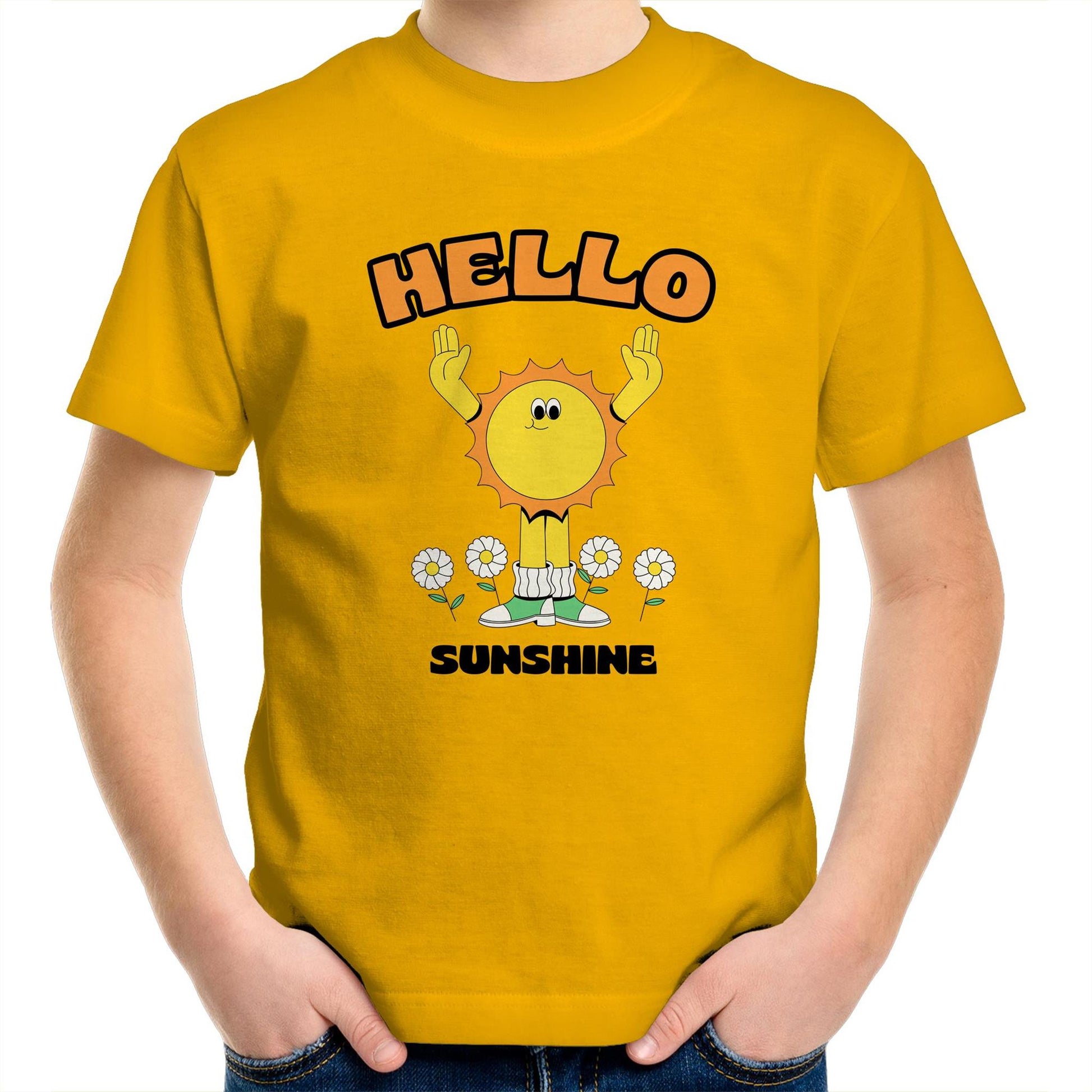 Hello Sunshine - Kids Youth Crew T-Shirt Gold Kids Youth T-shirt Retro Summer