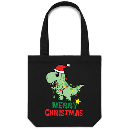 Christmas Dinosaur - Canvas Tote Bag Black One Size Christmas Tote Bag Merry Christmas