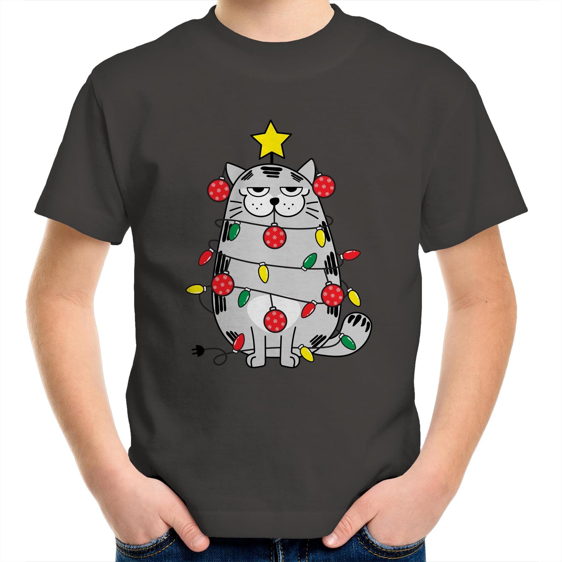 Christmas Cat - Kids Youth Crew T-Shirt Charcoal Christmas Kids T-shirt Merry Christmas