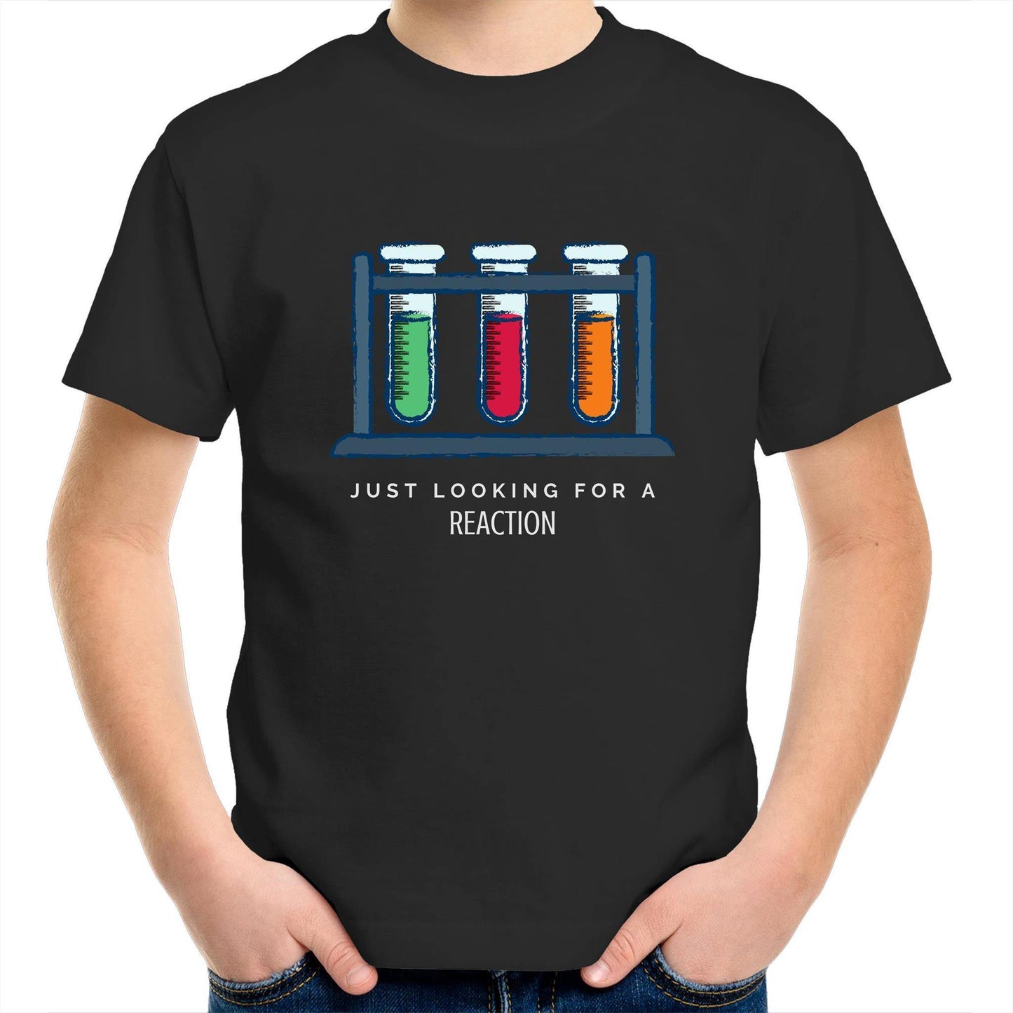 Test Tube, Just Looking For A Reaction - Kids Youth Crew T-Shirt Black Kids Youth T-shirt Science