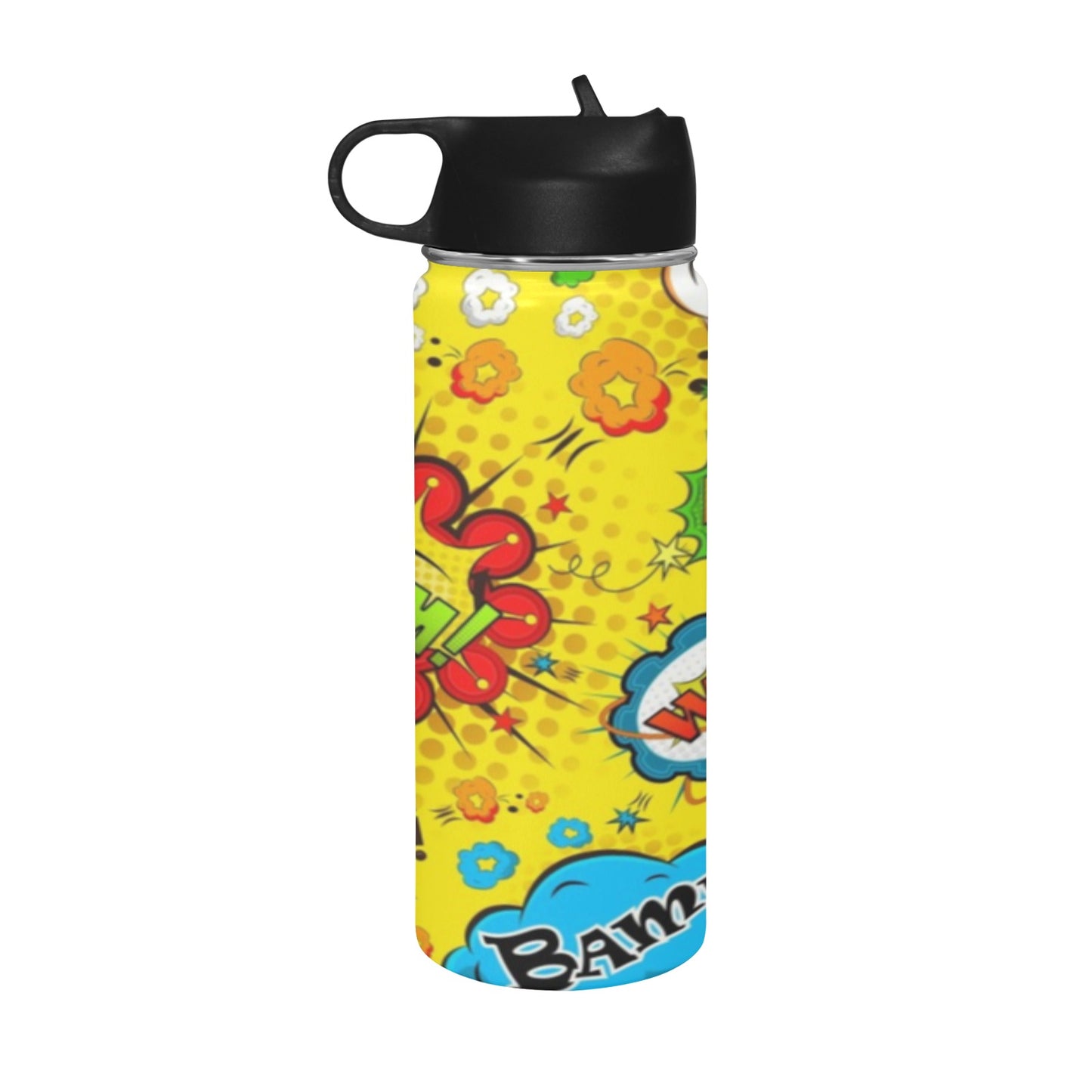 Comic Book Yellow Insulated Water Bottle with Straw Lid (18 oz) Insulated Water Bottle with Straw Lid