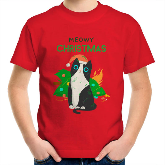 Meowy Christmas - Kids Youth Crew T-Shirt Red Christmas Kids T-shirt Merry Christmas