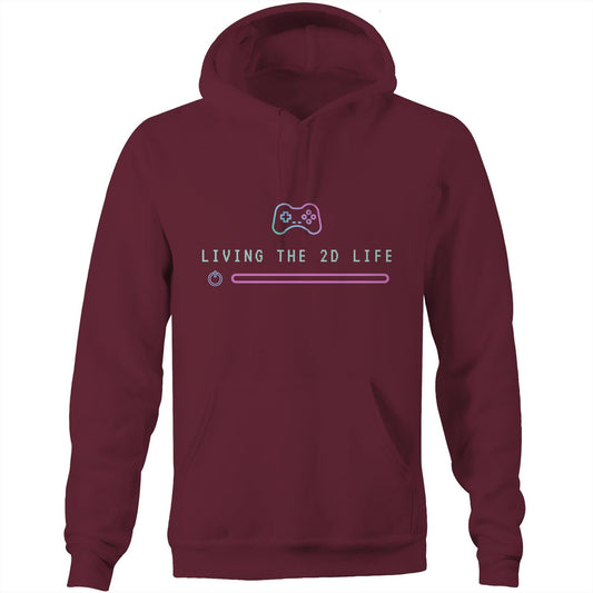 Living The 2D Life - Pocket Hoodie Sweatshirt Burgundy Hoodie Games Tech