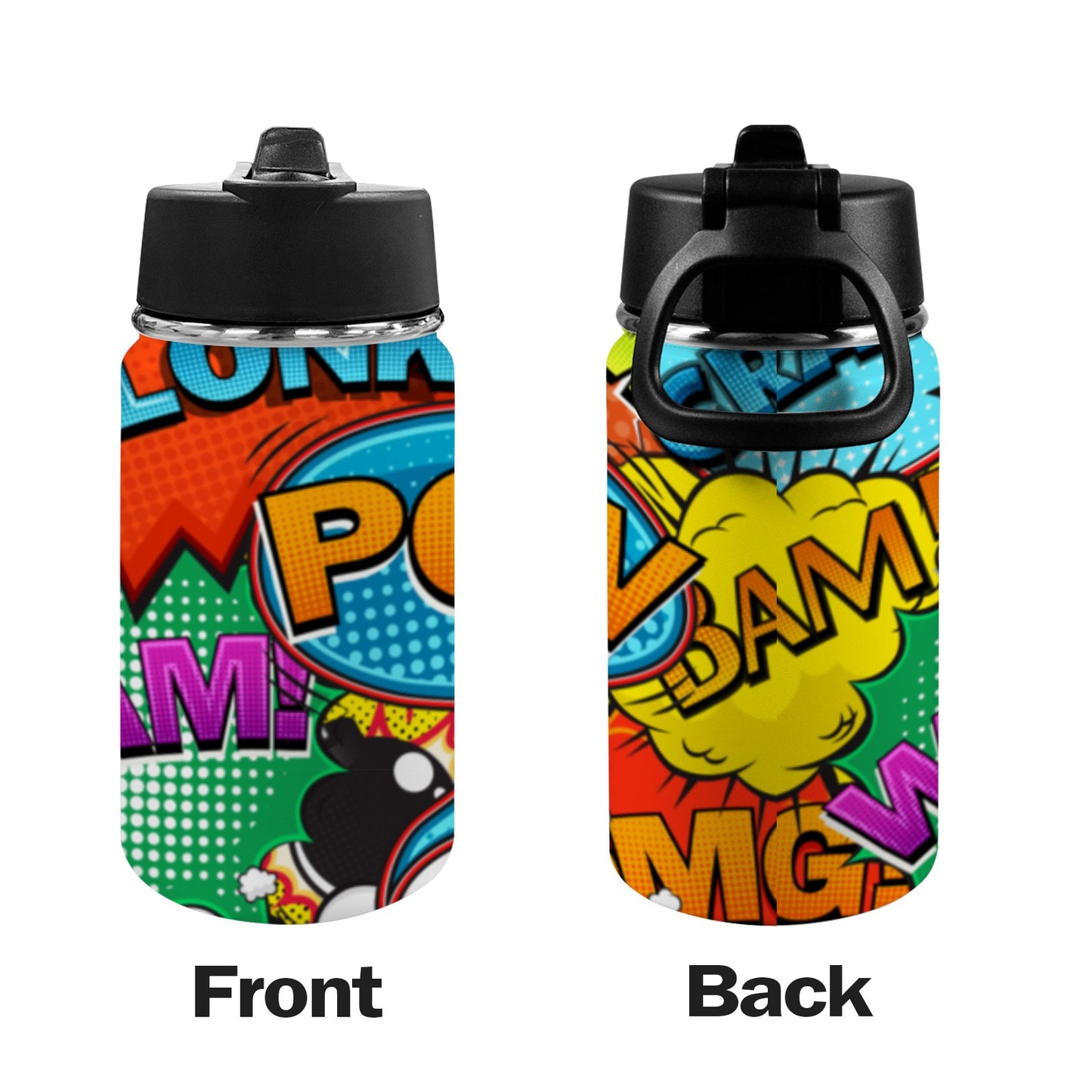 Comic Book - Kids Water Bottle with Straw Lid (12 oz) Kids Water Bottle with Straw Lid