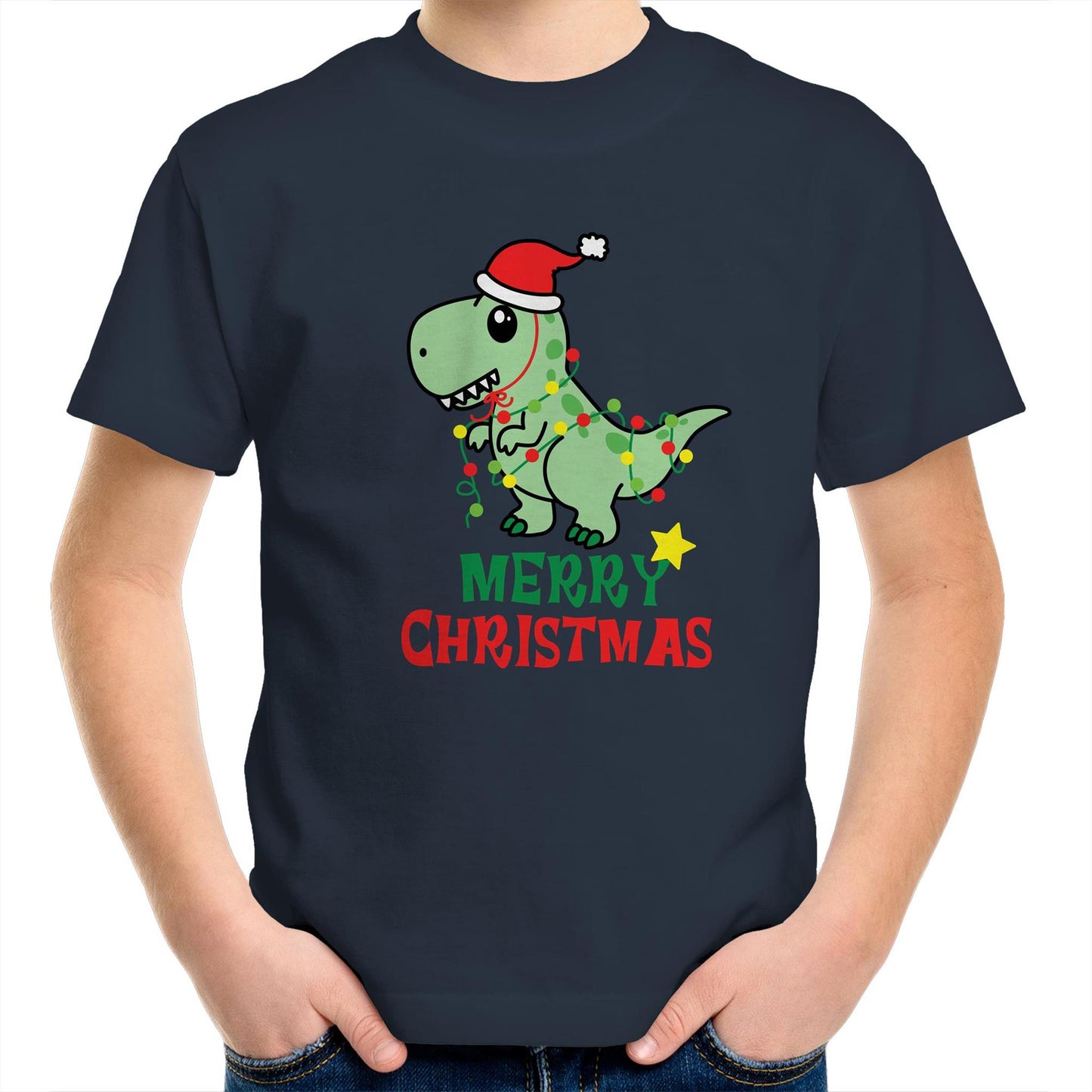 Christmas Dinosaur - Kids Youth Crew T-Shirt Navy Christmas Kids T-shirt Merry Christmas