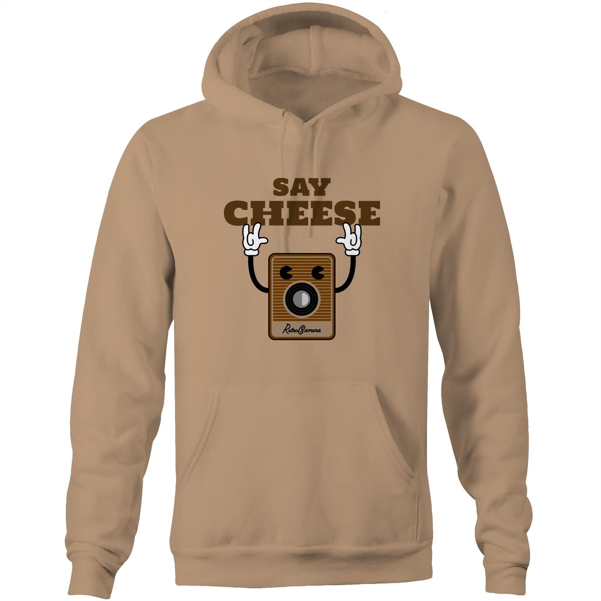 Say Cheese, Retro Camera - Pocket Hoodie Sweatshirt Tan Hoodie Retro Tech