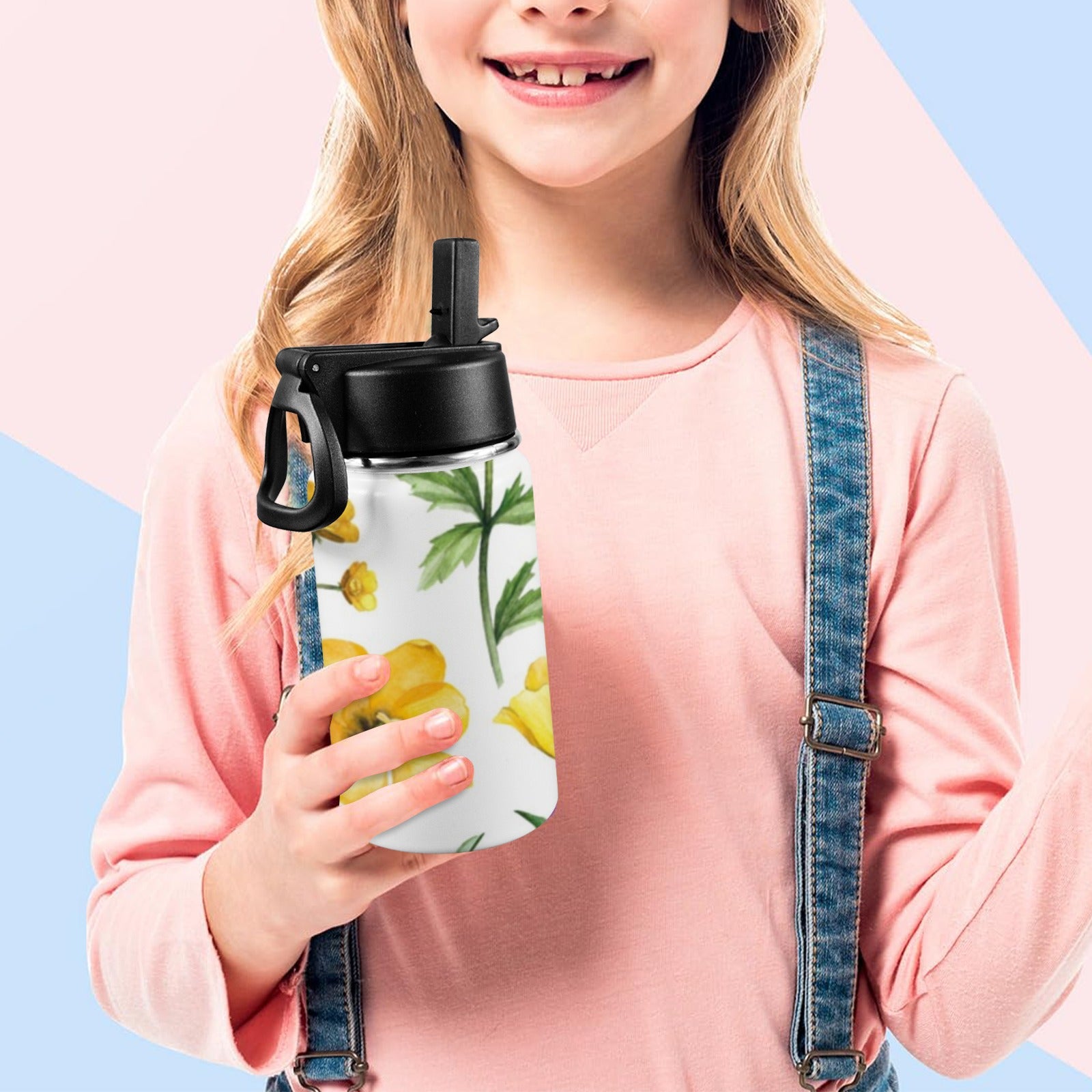 Yellow Flowers - Kids Water Bottle with Straw Lid (12 oz) Kids Water Bottle with Straw Lid