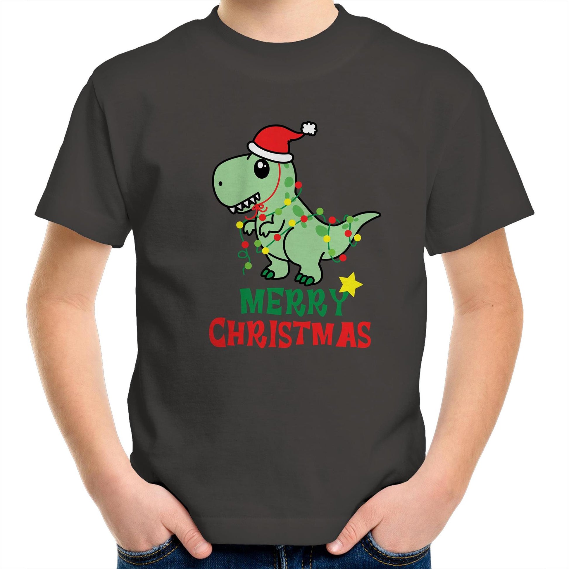 Christmas Dinosaur - Kids Youth Crew T-Shirt Charcoal Christmas Kids T-shirt Merry Christmas