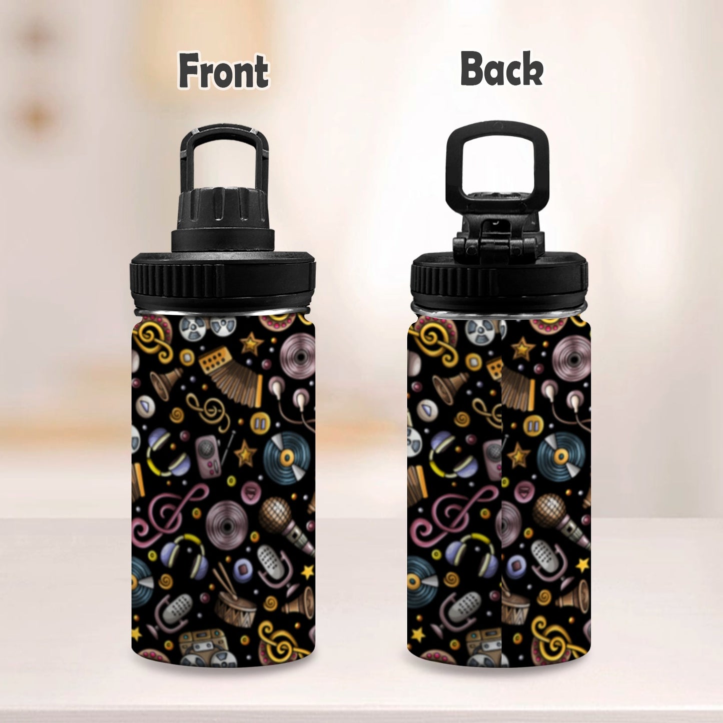 Retro Music Mix - Kids Water Bottle with Chug Lid (12 oz) Kids Water Bottle with Chug Lid Music