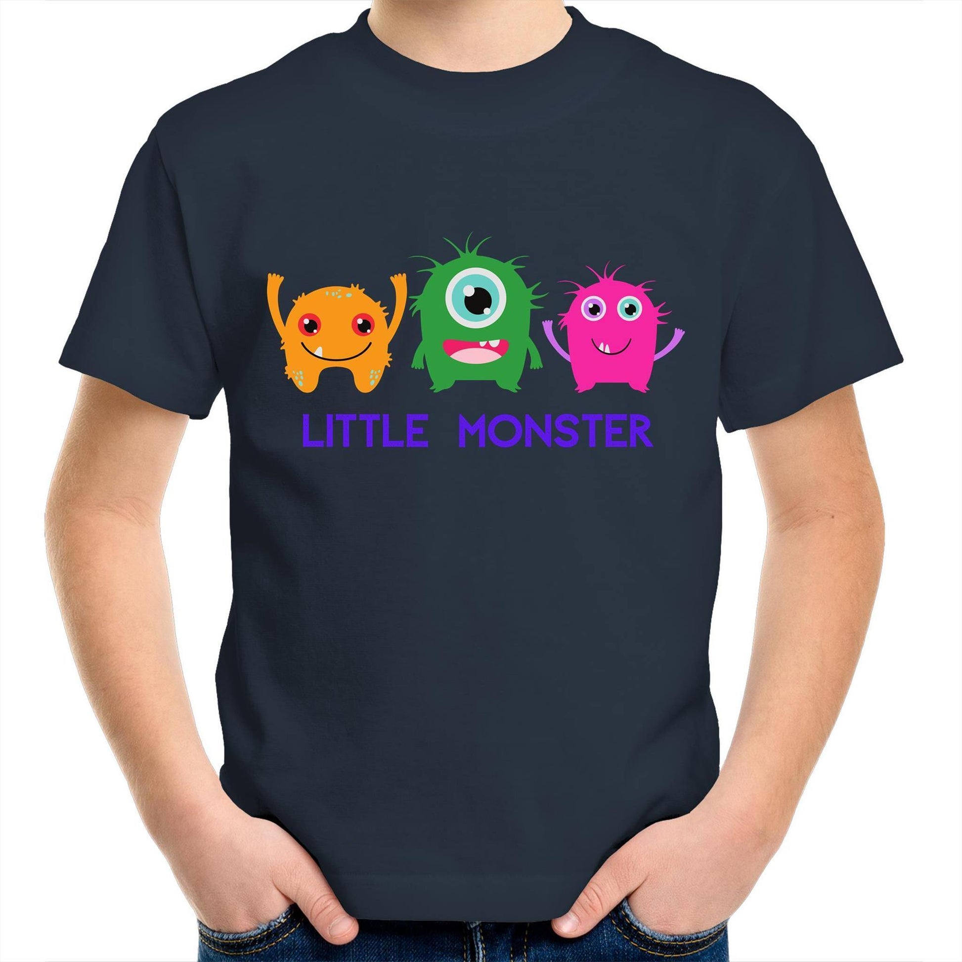 Little Monster - Kids Youth Crew T-Shirt Navy Kids Youth T-shirt Funny Sci Fi