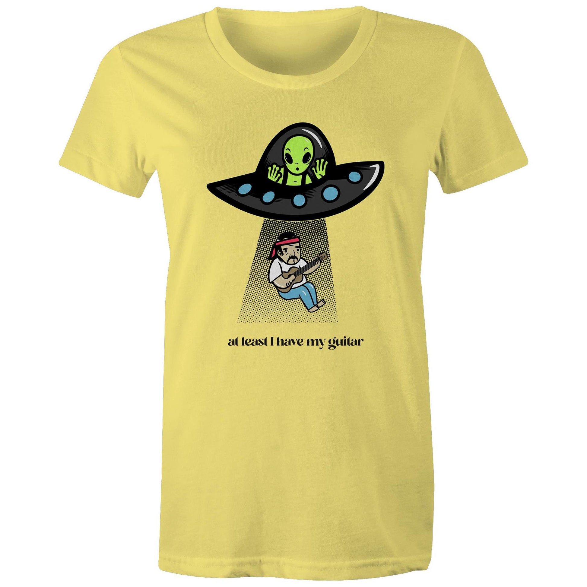Guitarist Alien Abduction - Womens T-shirt Yellow Womens T-shirt Music Sci Fi