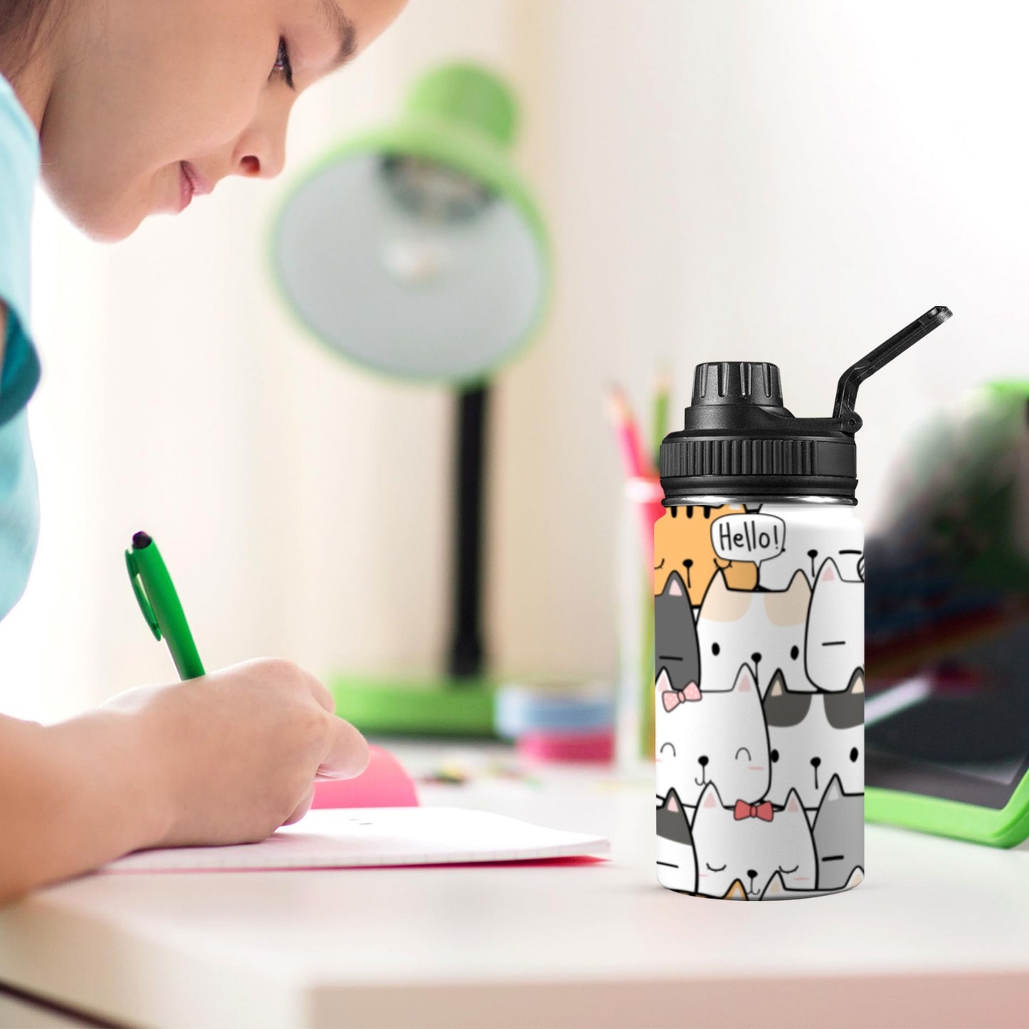 Cat Hello - Kids Water Bottle with Chug Lid (12 oz) Kids Water Bottle with Chug Lid