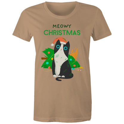 Meowy Christmas - Womens T-shirt Tan Christmas Womens T-shirt Merry Christmas