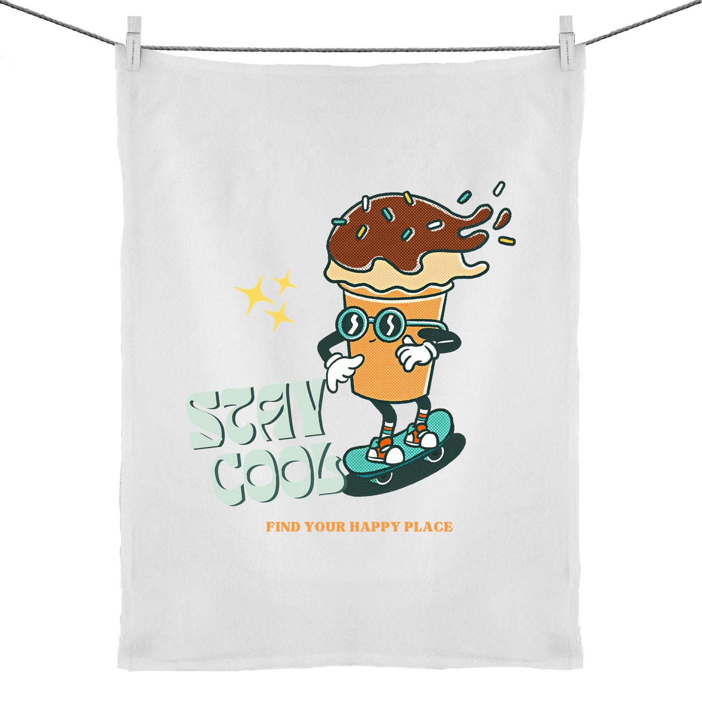 Stay Cool, Find Your Happy Place - 50% Linen 50% Cotton Tea Towel Default Title Tea Towel Retro Summer