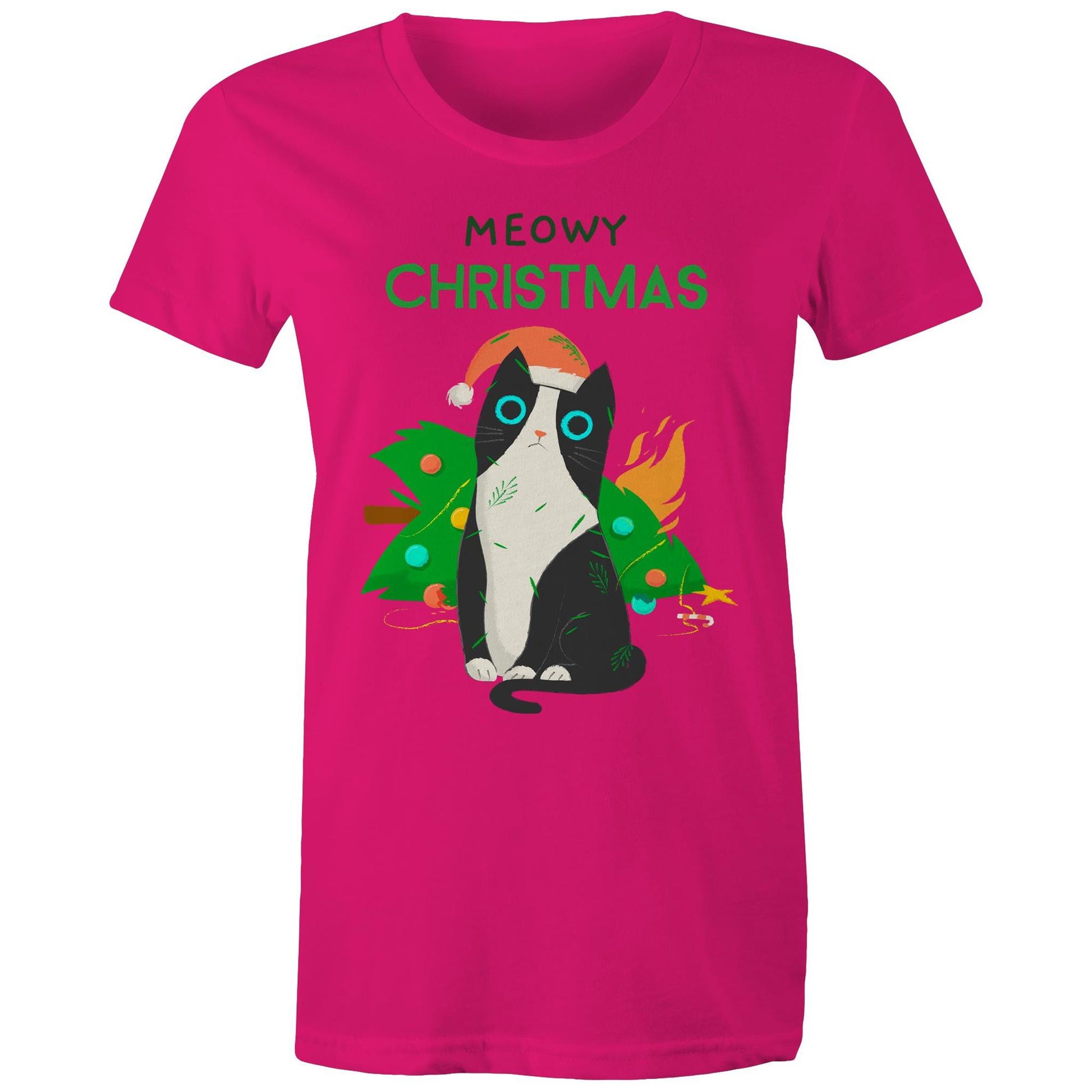 Meowy Christmas - Womens T-shirt Fuchsia Christmas Womens T-shirt Merry Christmas