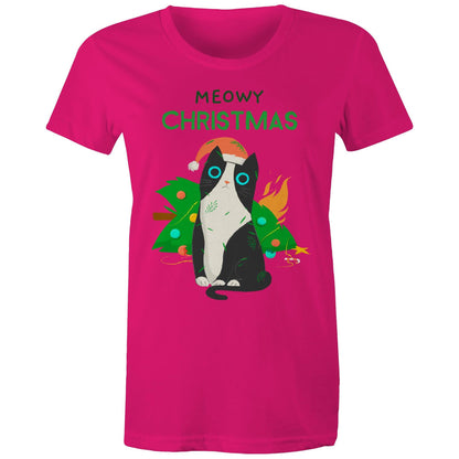 Meowy Christmas - Womens T-shirt Fuchsia Christmas Womens T-shirt Merry Christmas