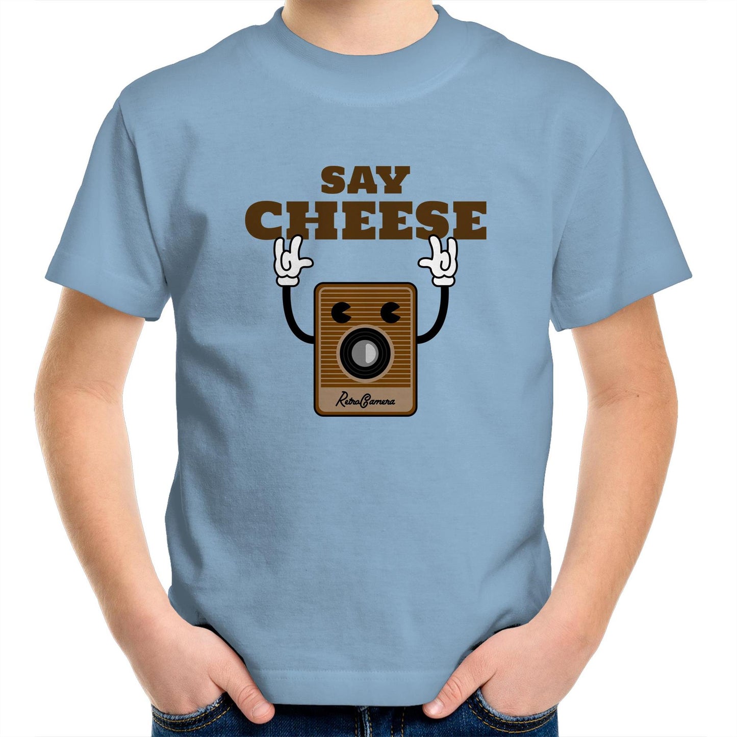 Say Cheese, Retro Camera - Kids Youth Crew T-Shirt Carolina Blue Kids Youth T-shirt Retro Tech