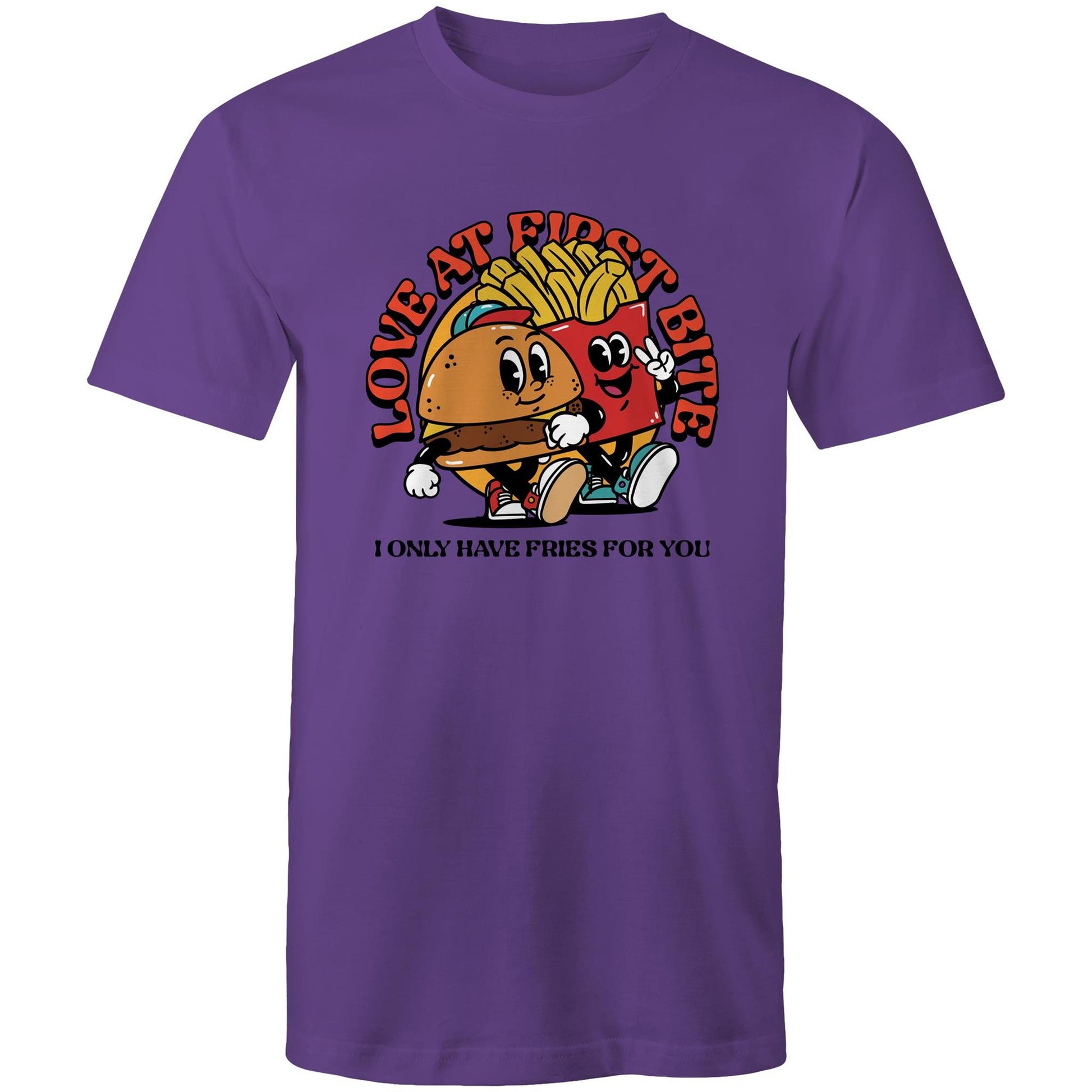 Love At First Bite, Burger And Fries - Mens T-Shirt Purple Mens T-shirt Food