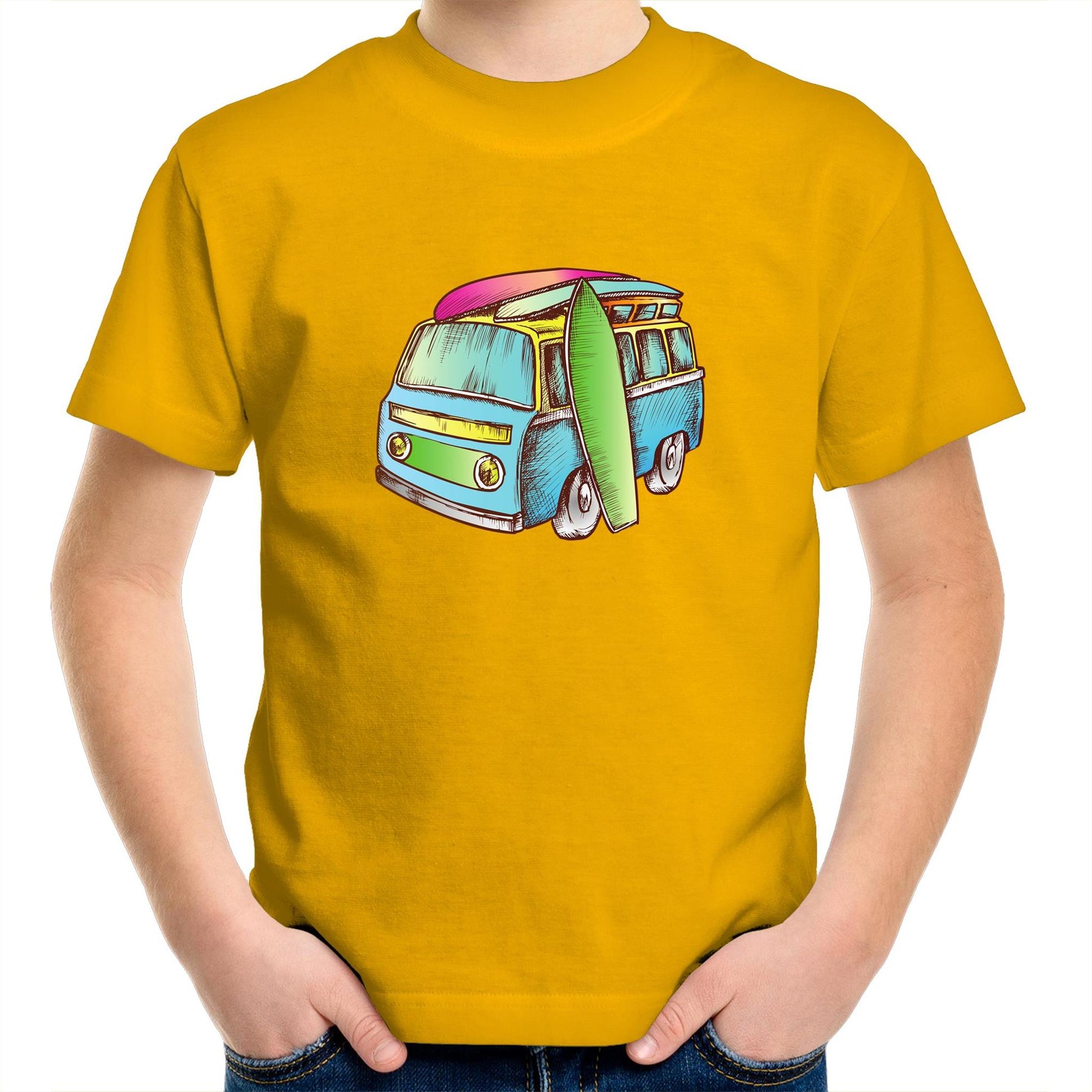 Surf Trip - Kids Youth Crew T-Shirt Gold Kids Youth T-shirt Retro Summer