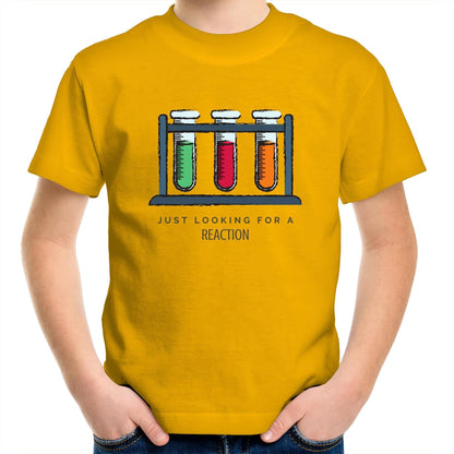 Test Tube, Just Looking For A Reaction - Kids Youth Crew T-Shirt Gold Kids Youth T-shirt Science